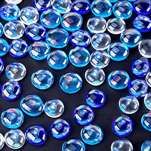 DomeStar 65PCS Iridescent Blue Flat Marbles, Decorative Glass Pebbles Beads Vase Fillers Decorative Fish Tank Aquarium Rocks for Centerpieces Table Decor