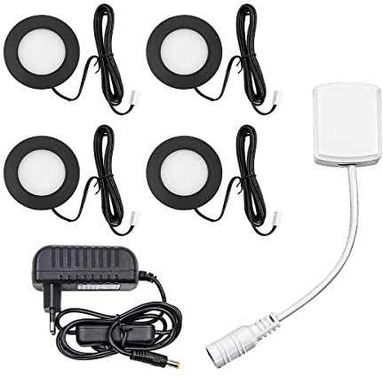NUZAMAS 4 éclairages LED sous armoire 3 W à intensité variable, éclairage de placard sous le comptoir pour placard, vitrine, étagère, armoire, blanc 6400 K, caravane, panneau LED encastré-noir