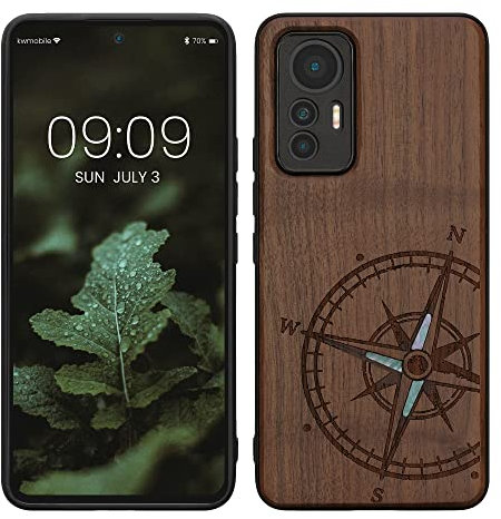 kwmobile Hülle kompatibel mit Xiaomi 12 Lite 5G Hülle - Holz Case - Handy Cover - TPU Handyhülle in Dunkelbraun Vintage Kompass mit Perlmutt
