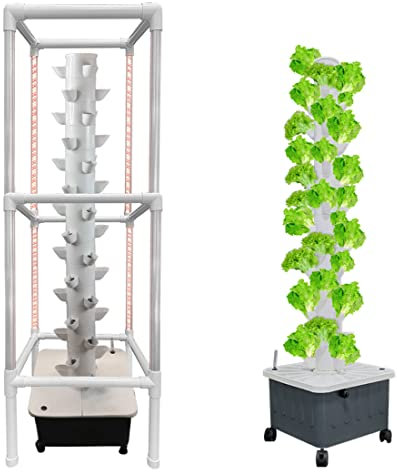 Torre idroponica con supporto luce, sistema di coltivazione acquaponica a 45 fori, kit di coltivazione aeroponica a torre da giardino a 15 piani per erbe, frutta e verdura, piantagione automatica