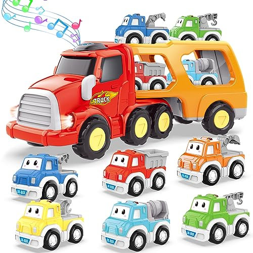 seveclotree Jouet de Camion pour Enfant 2 Ans,7 en 1 avec Sons et Lumières,Transporteur Voiture Jouet pour Enfant 3 Ans,Cadeau Anniversaire pour 2 3 4 Ans Garcon Filles