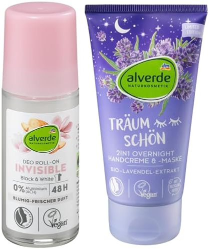 alverde NATURKOSMETIK 2er-Set Körperpflege: Deo Roll-On INVISIBLE bis zu 48h blumig-frisch ohne Aluminiumsalze (50 ml) + TRÄUM SCHÖN 2in1 HANDCREME & Handmaske für trockene Hände (75 ml), 125 ml