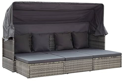 KOIECETA Gartenbett mit Dach Sonnenliege Gartenliege mit Sonnenschutz Chaiselongue Sonnenbett mit Klapptisch Outdoor Lounge Grau Poly Rattan