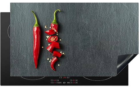 KitchenYeah© Herdabdeckplatte Einteilig Induktionsmatte Küche Abdeckung Ceranfeld Herd Abdeckplatte Deko Vinyl Matte Aufrollbar Pfeffer - Rot - Gewürz - Grau - Grün - 91.6x52.7 cm