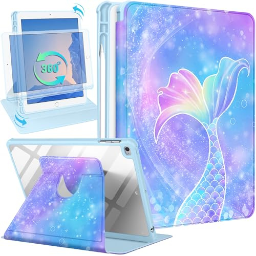 Kidcube Étui pour iPad 5e/6e génération, pour iPad Air 1ère/2ème génération, pour iPad Pro 9,7 pouces, étui portefeuille avec porte-crayon, design mignon, support rotatif, étui tendance féminin