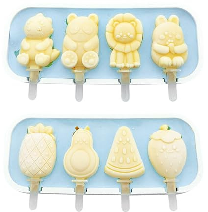 Zasjon 2 PCS Eisformen Eis am Stiel Silikon, BPA Frei, Tier- und Fruchtmotive, 12 Eisstäbchen, Silikon Eisformen Kinder und Erwachsene