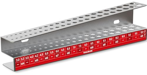 Bohrerhalter leer, aus Edelstahl rostfrei - Organizer für 46 Bohrer zum Verschrauben an die Wand - Zubehör zur Bohreraufbewahrung in der Werkstatt - BxTxH 270x38x65mm