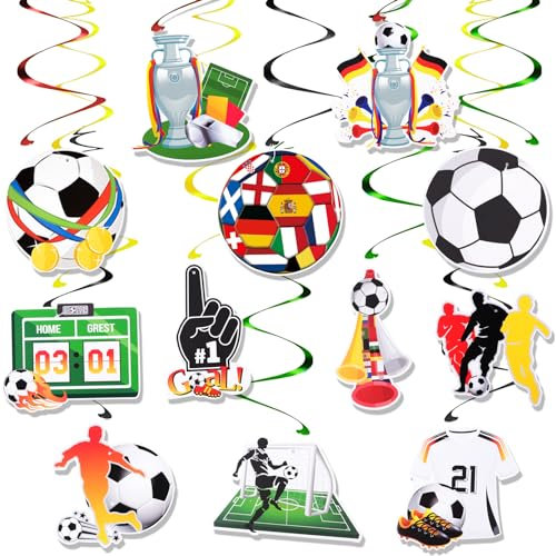 AhfuLife 12 Stück Damen Fußball EM Hängende Wirbel, Deckenhänger Spiral Fußball Flagge Hängende Spiralen Partyzubehör für Damen Fußball EM Olympische Sportvereine 2025 Bar Geburtstag Party Deko