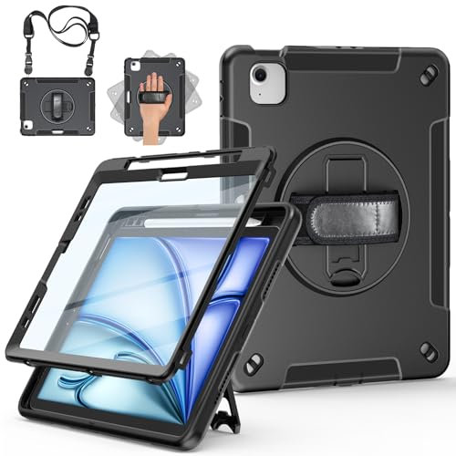 Miesherk Hülle für iPad Air 11 Zoll M3/M2 2025/2024 7./6. Gen: 3-Schichte robust stoßfest Case iPad Air 5/4 2022/2020-Displayschutzfolie-Stifthalter-Drehbarer Ständer-Handschlaufe-Schultergurt-Schwarz