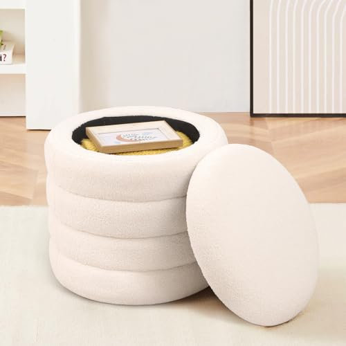 LEUTED Hocker mit Stauraum Rund aus Teddystoff - Schminktisch Fußbank mit Aufbewahrungsbox, Polsterhocker für Schlafzimmer, Wohnzimmer und Flure in Weiß