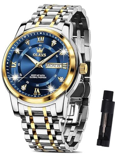 OLEVS Bicolor Armbanduhr für Herren Silber Gold Metallarmband Groß Wasserdicht Uhr Herren Blau Zifferblatt Elegante Analog Kleid Herrenuhr Edelstahl Leuchtend Männer Uhr mit Datumsanzeige Geschenke