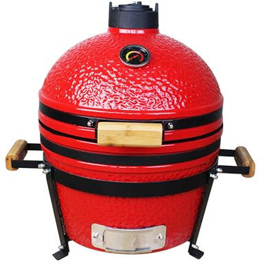 COOKFIRE – Barbacoa carbon Kamado Ø 40 cm – BBQ Grill Japonesa – Barbacoa con Termómetro y Asas de Bamboo - Barbacoa carbon portátil – Barbacoa cerámica Kamado – Mini Parrilla de Carbón - (Rojo)