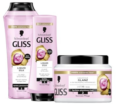 Gliss Shampoo Liquid Silk (250 ml) Glanz-Shampoo für stumpfes Haar & Spülung Liquid Silk (200 ml) Pflegespülung & 4-in-1 Kur Reparatur Liquid Silk (400 ml) mit HaptIQ-System, Haarmaske