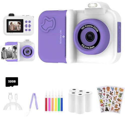 Cámara de Fotos Instantánea para Niños, Regalos Juguete para Niño niña de 4 5 6 7 8 9 10 11 12 Años, cámara de Fotos Infantil, 5 Rollos de Papel de Impresión, Pegatinas, Bolígrafos y Tarjeta de 32 GB