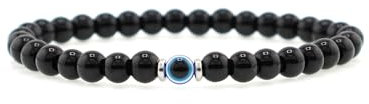 Lameybrt 6mm Auge des Bösen Blick Armband Schutz Stretch Armbänder mit Naturstein für Männer Handgemacht Heilsteine und Herrenarmband (KL03 Black Agater, Mittel 19cm)