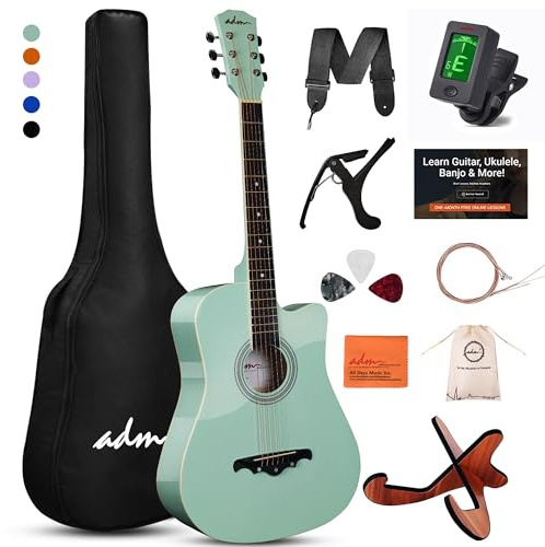 ADM 38 Zoll Akustikgitarre Bundle für Anfänger Erwachsene mit Online-Unterricht, Cutaway Holz Acustica Guitarra Starter Set Paket mit Gigbag, Gurt, Stahlsaiten, Plektren, Kapodaster, Ständer, Grün