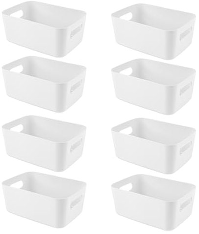 8PCS White Plastic Medium-Sized Storage Boxes, 6.7x9.7x3.9in With Handle Storage Baskets, Suitable For Shelves, Kitchens, Offices, Refrigerators, Bathrooms, Homes, Rectangular Storage Box