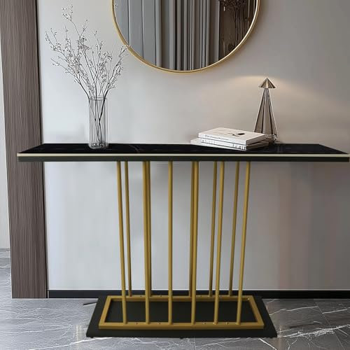 Rectangular Large Sintered Stone With Metal Golden Frame Console Table Hallway Entrance Furniture For Home (Black/Gold)