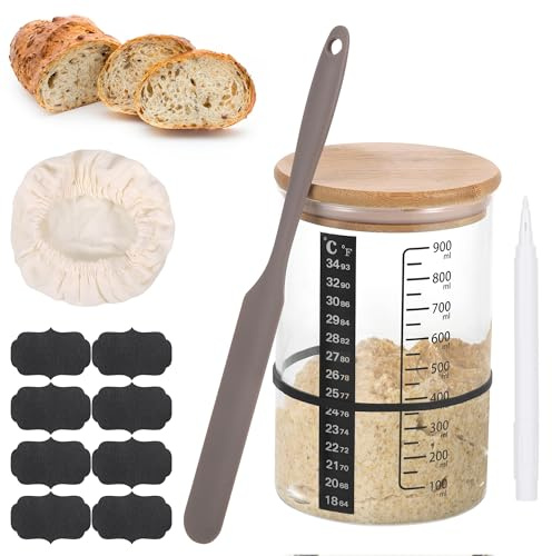 MICHIHOMIE Sauerteig Starter Gärglas Set, 900ml Sauerteig Glas | Gummiband, Thermometerpapier, 8 Etiketten, Stift, Silikon-Spatel, Stoffhut, Sauerteigbehälter