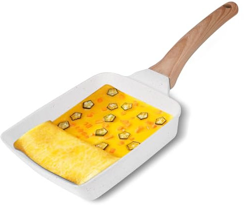 ZONJIE Non Stick Frying Pan- Tamagoyaki Japanese Omelette Pan with Heat-Resistant Handle, Nonstick Rectangle Small Frying Pan, Gas Stove and Induction Hob Compatible, 15x18 cm (White)
