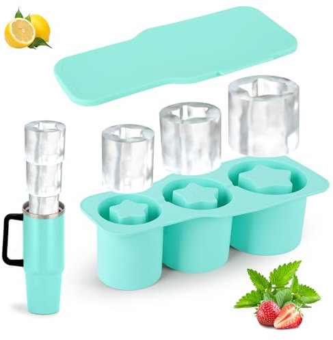 Eiswürfelform Silikon für Stanley Cup Zubehör, 3 Fach Thermobecher Eiswürfelbehälter mit Deckel, BPA Frei, für 20oz 30oz 40oz Tumbler, Cocktails, Whiskey, Getränke, Kaffee (Blau)