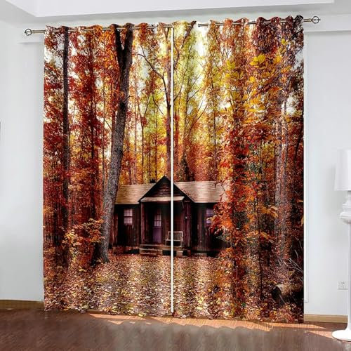 Beydodo Verdunklungsvorhänge Kinderzimmer, Vorhang Blickdicht mit Ösen 2er Set 234x244CM Herbst Ahorn Wald und Holzhaus Gardinen Verdunkelnd Schlafzimmer Jugendzimmer