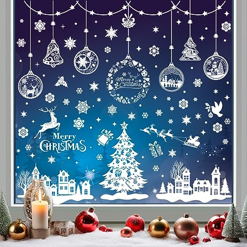 Weihnachten Fensteraufkleber, 243PCS Weihnachtsbaum Rentier Schneeflocken Haus Fensterbilder, Weiß Selbstklebend Weihnachten Fensterdeko für Partys Glasfenster Innen Außenbereich Heim Geschäft Schule