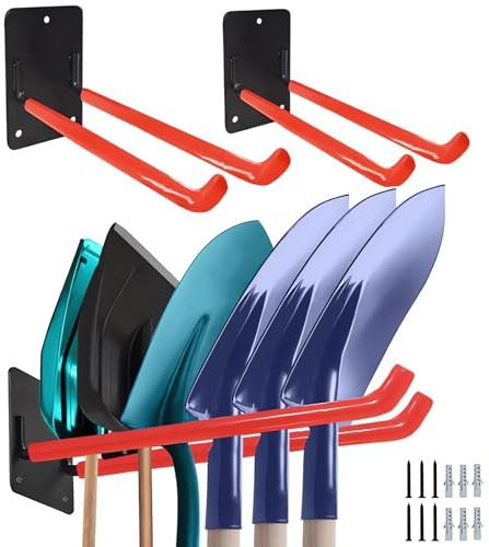 PAKEY Robuste Garagenhaken Wandmontage Leiterhaken, 2 Pack Schaufelhalter für Gartengeräte, Klappstuhl, Ski-Halterung, Garage Aufbewahrung und Organisation, Betwandhaken, Rot