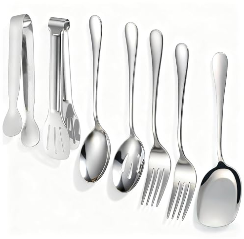 7 PCS Serving Spoons Large Set, Silver Stainless Steel Table Spoons with A Clip, Durable Spoon Set, Practical Long Handle Tablespoons Suitable for Kitchen Cooking Restaurant Banquets