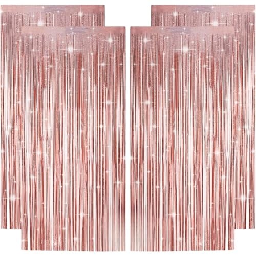 Lametta Vorhang Roségold 4er Set – Mädchen Partydeko Folienfransen Metallic Tinsel Schimmer Vorhang Hintergrund für Geburtstag, Prinzessin, Einhorn, Ballerina, Sweet 16, Babyparty, Einschulung