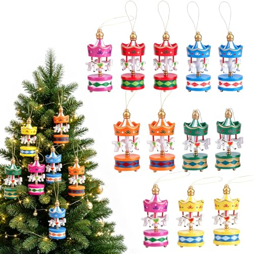 12 Stück Weihnachtsschmuck Karussellpferd, Mini 3 Pferds Holz Weihnachtskarussell Vintage Mini Hängenden Karussell Anhänger für Christbaumschmuck