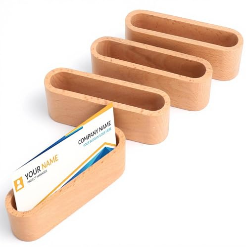 TMZELOA Lot De 4 Porte Cartes De Visite Bois Noyer, Support Cartes De Visite Massif Stable Et Poli, Design Compact Pour Bureau, Accueil, Réunion Et Exposition