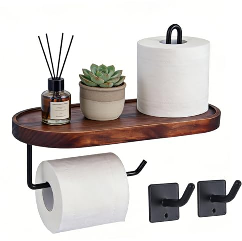 Yedcxup Porta carta igienica 5 in 1, in legno, con ripiano | Porta rotolo di carta igienica, montaggio a parete, con 2 ganci adesivi, per cucina e bagno