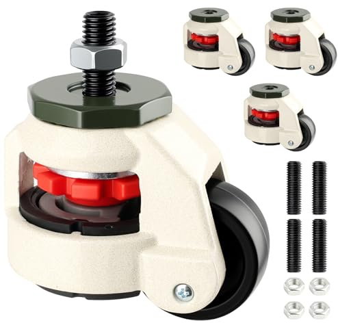 Leveling Castors with Ratchet Handle, Heavy Duty Castor Wheels, 1000kg Load Capacity, 360° Swivel Castors Wheels Set, 50mm Wheels, Retractable Transport Wheels 0-10mm, for Furniture/Workbench/Machine