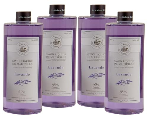 La Maison du Savon De Marseille - Französische Flüssigseife mit Bio-Olivenöl - Handwäsche - pflegend und feuchtigkeitsspendend - 1 Liter Nachfüller - 4er Set - Lavendelduft