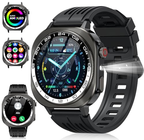 Reloj Inteligente Hombre con Linterna, 1.43'' AMOLED Militar Smartwatch con Batería , IP68 Reloj Deportivo con Llamadas Bluetooth/Monitor de Sueño/Pulsómetro, 130+Modos Deportivos para Android iOS