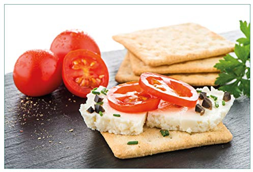 Wallario Küchenrückwand selbstklebend 90 x 60 cm, Motiv: Frisches Knäckebrot mit Tomaten und Käse | Spritzschutz abwischbar & pflegeleicht