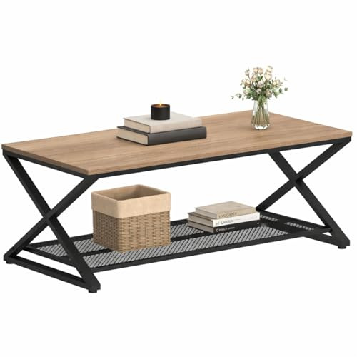 mukuhi COUCHTISCH Industrial 120 x 60 cm mit Ablage Wohnzimmertisch Holzoptik Metall modern Sofatisch rechteckig stabil (Rustik Oak)