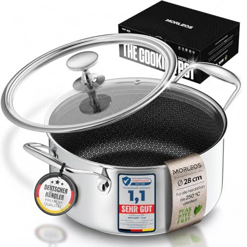 MORLEOS Casserole avec revêtement en céramique nid d'abeille anti-adhésif anti-rayures - 6,5 l - Ø 28 x 12 cm - 2,5 kg - Couvercle plat en verre moderne - Économie d'énergie - 5 couches - Convient
