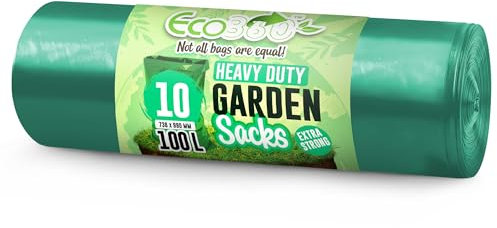 EcoBag 10 - Pack Extra Strong Heavy Duty Garden Sacks, 100L Recyclable Refuse Bags, 736 x 990 mm, Leak Resistant & Eco-Friendly, Durable Garden Waste Disposal Bags for Household and Commercial Use