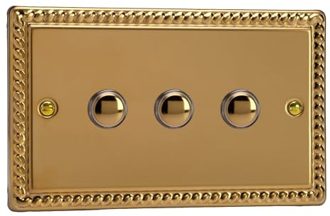 Varilight Triple Impulse Light Switch 2-Way - Classic Georgian Brass With Polished Brass Buttons, XGP3