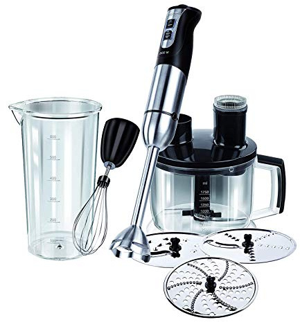 MPM MBL-11 Stabmixer-Set, Mixstab, Schnee-besen, Multi-messer, Zerkleinerungsbecher 1750ml, 3 Schneidscheiben, Edelstahl, BPA-frei, Turbo-Funktion, 800W