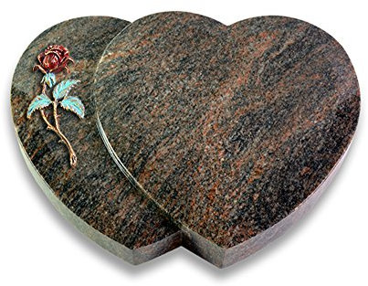 Grabplatte, Grabstein, Grabherz, Urnengrabstein Modell Amoureux 40 x 30 x 7 cm Himalaya-Granit, poliert inkl. Gravur (Bronze-Color-Ornament Rose 2)