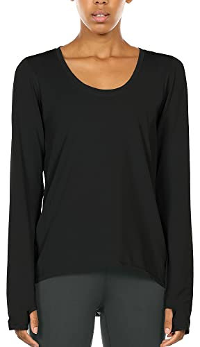 icyzone Damen Laufshirt Langarm Sport Shirt Atmungsaktive Langarmshirt Fitness Top Oberteil mit Daumenloch (S, Schwarz)