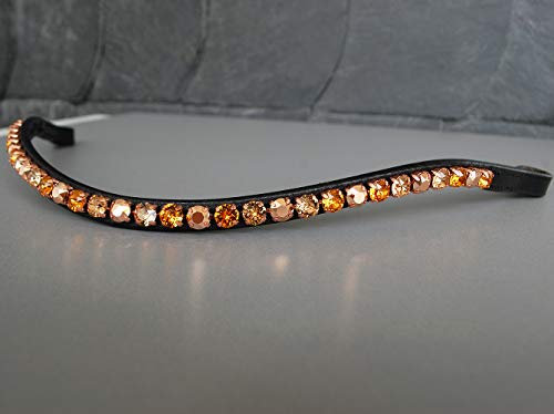GlücksHucke Stirnriemen Pferd geschwungen 'Golden Diamonds' mit großen Glitzer Steinen in Gold & Braun, handgenäht (Shetty, Leder Dunkelbraun)