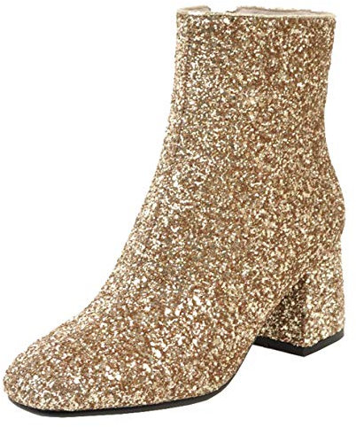 LUXMAX Stivali Donna Tacco Medio Grosso Glitter Paillettes Scarpe da Sposa Eleganti Stivaletti alla Caviglia (Oro) - 38 EU