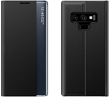 Feyten Custodia per Samsung Galaxy Note 9 con Vetro Temperato, Bookstyle Clear View Standing Cover Slim Mirror Flip Portafoglio Antiurto Case con Funzione Stand per Samsung Galaxy Note 9 (Nero)