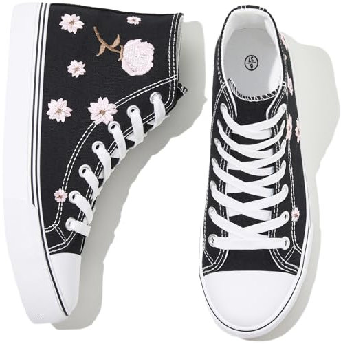 kufeiti Zapatillas de lona de alta parte superior para mujer, zapatos de lona con cordones blancos negros zapatillas casuales para caminar, Bordado negro, 40.5 EU