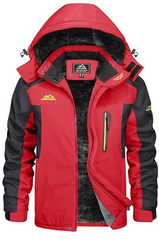 KEFITEVD Snowboardjacke Herren Softshelljacke Wasserdicht Übergangsjacke Gefüttert Outdoorjacke Wandern Trekking Jacke Winter Herrenjacke Männer Rot 2XL