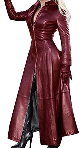 Hebezn Damen PVC Leder Trenchcoat Jacke Mit Reißverschluss Sexy Kleid Body Clubwear Langer Lack-Mantel (Color : Red, Size : S)